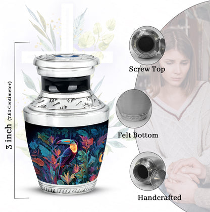 Serene Blue Hornbill Cremation Urn top-down view of secure threaded lid - stylized abstract hornbill pattern with bold lines - mini keepsake memorial for portion of cremation ashes