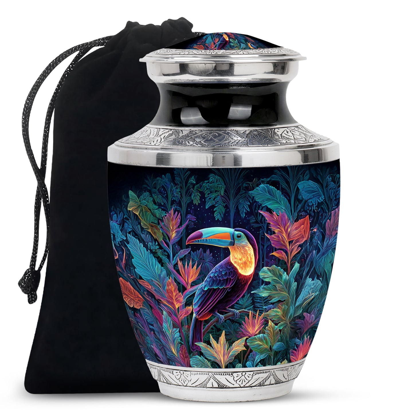 Soft Blue Hornbill Cremation Urn side profile showing urn shape - stylized abstract hornbill pattern with bold lines - full-size 10 inch 200 cubic inch adult cremation urn