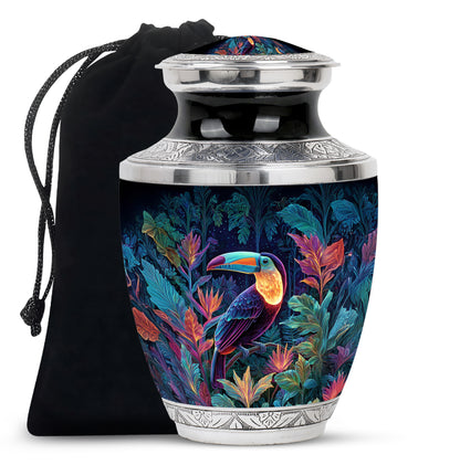 Soft Blue Hornbill Cremation Urn side profile showing urn shape - stylized abstract hornbill pattern with bold lines - full-size 10 inch 200 cubic inch adult cremation urn