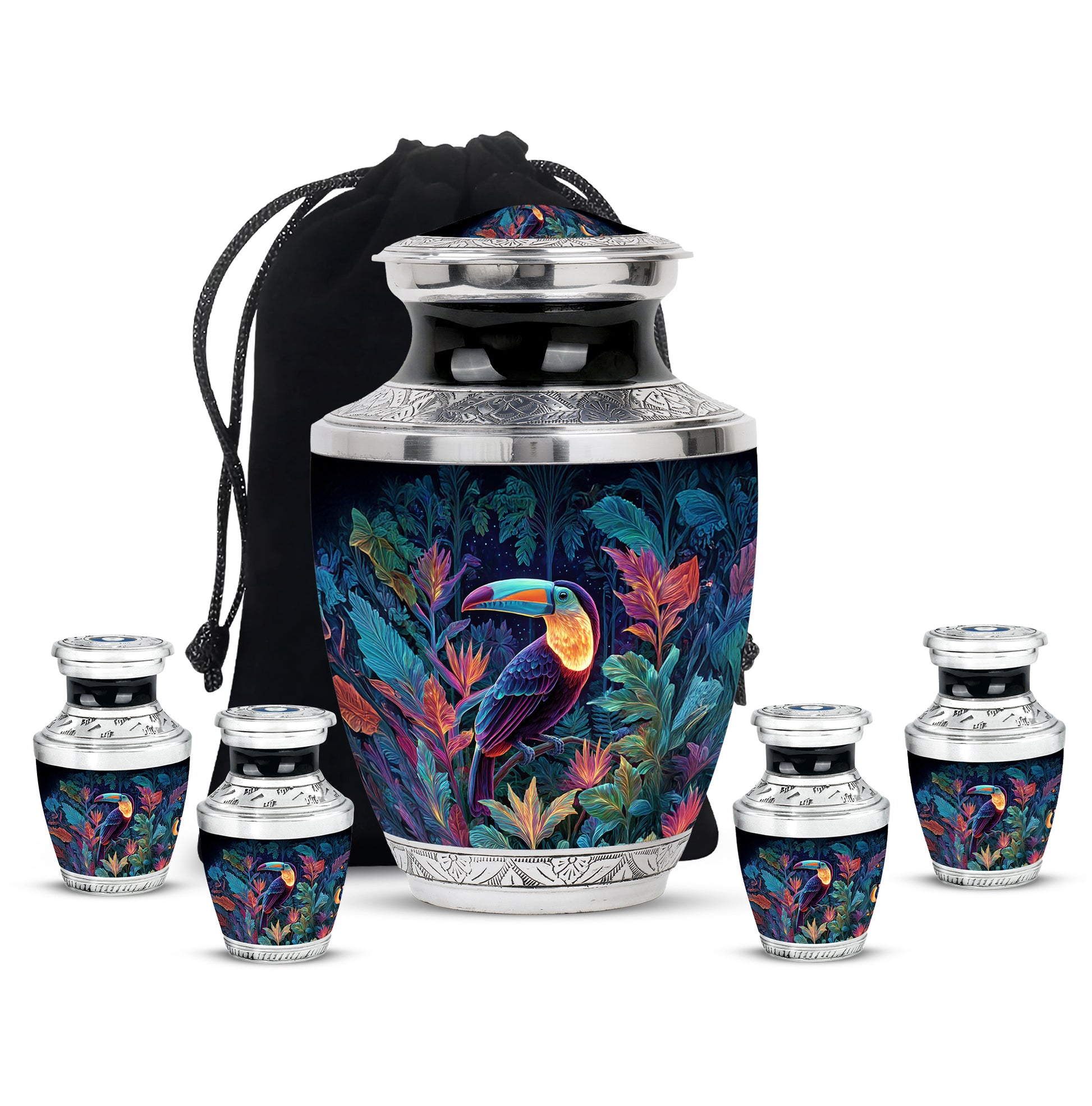 Celestial Blue Hornbill Cremation Urn lifestyle display on memorial shelf - modern art-inspired hornbill motif on sleek aluminum - memorial set with one large and four small urns