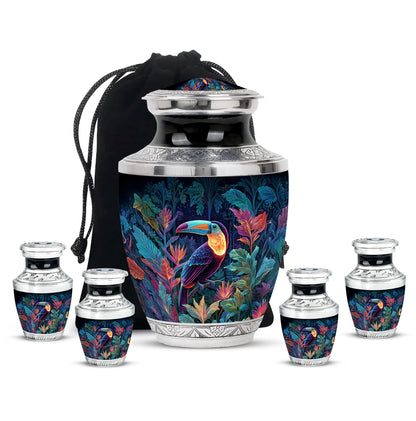 Celestial Blue Hornbill Cremation Urn lifestyle display on memorial shelf - modern art-inspired hornbill motif on sleek aluminum - memorial set with one large and four small urns