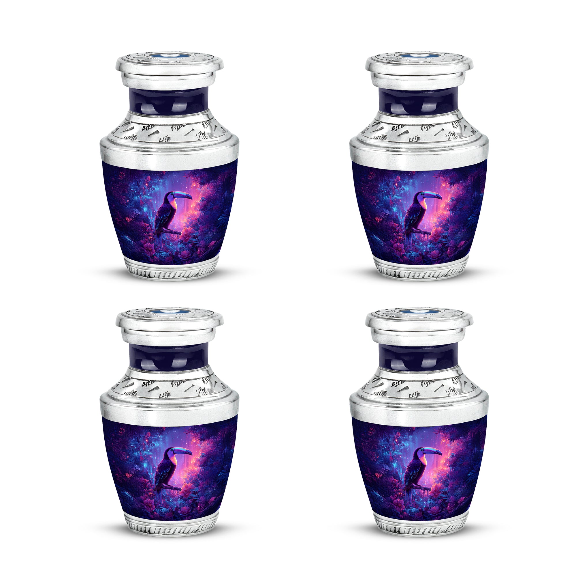 Icy Blue Hornbill Cremation Urn back view with polished surface - contemporary hornbill design with modern artistic flair - 10 inch aluminum urn for cremated remains