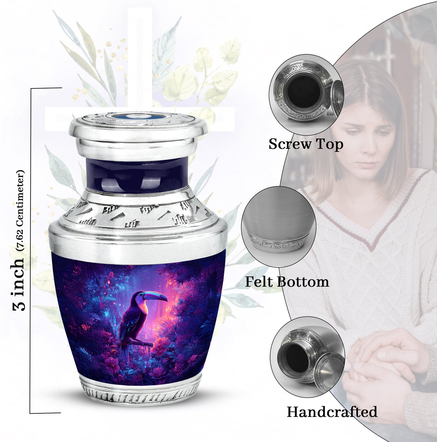 Royal Blue Hornbill Cremation Urn top-down view of secure threaded lid - artistic hornbill interpretation with creative detail - mini keepsake memorial for portion of cremation ashes