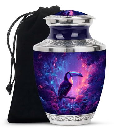 Misty Blue Hornbill Cremation Urn side profile showing urn shape - contemporary hornbill design with modern artistic flair - full-size 10 inch 200 cubic inch adult cremation urn