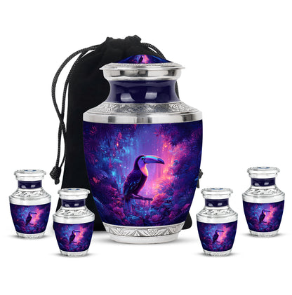 Vivid Blue Hornbill Cremation Urn lifestyle display on memorial shelf - stylized abstract hornbill pattern with bold lines - memorial set with one large and four small urns