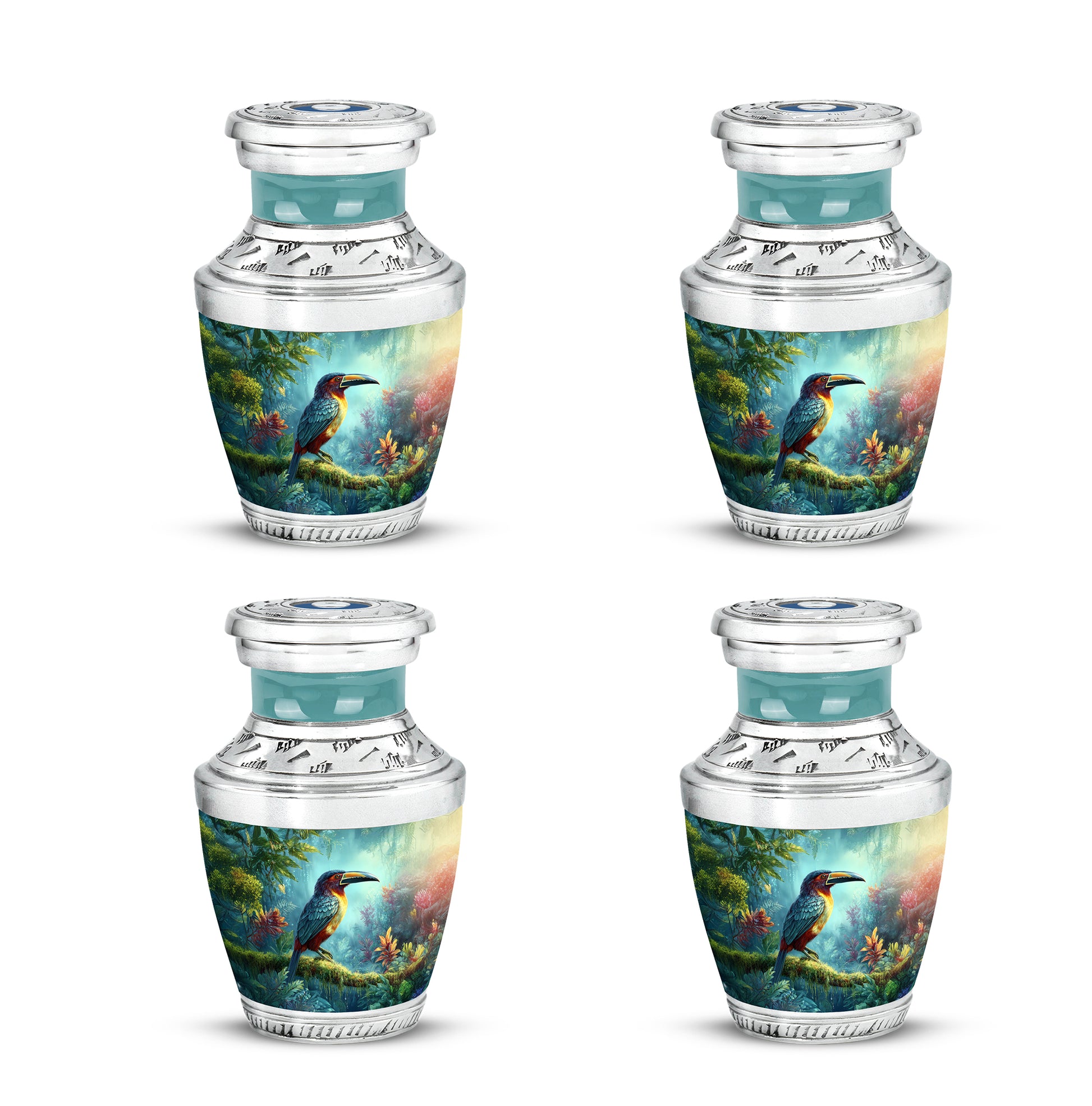 Vivid Teal Hornbill Cremation Urn back view with polished surface - artistic hornbill interpretation with creative detail - 10 inch aluminum urn for cremated remains