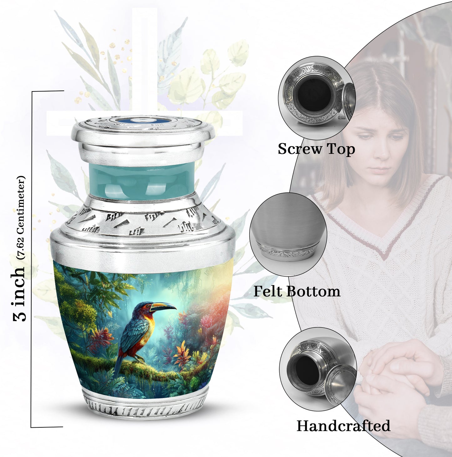 Soft Teal Hornbill Cremation Urn top-down view of secure threaded lid - modern art-inspired hornbill motif on sleek aluminum - mini keepsake memorial for portion of cremation ashes