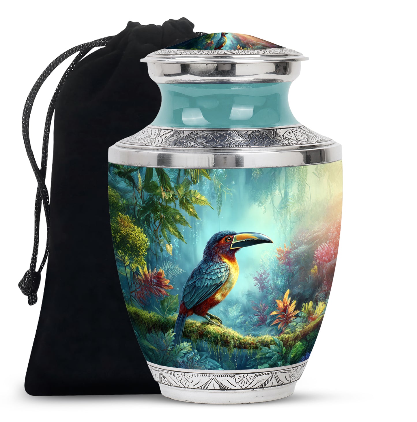 Jewel Teal Hornbill Cremation Urn side profile showing urn shape - contemporary hornbill design with modern artistic flair - full-size 10 inch 200 cubic inch adult cremation urn