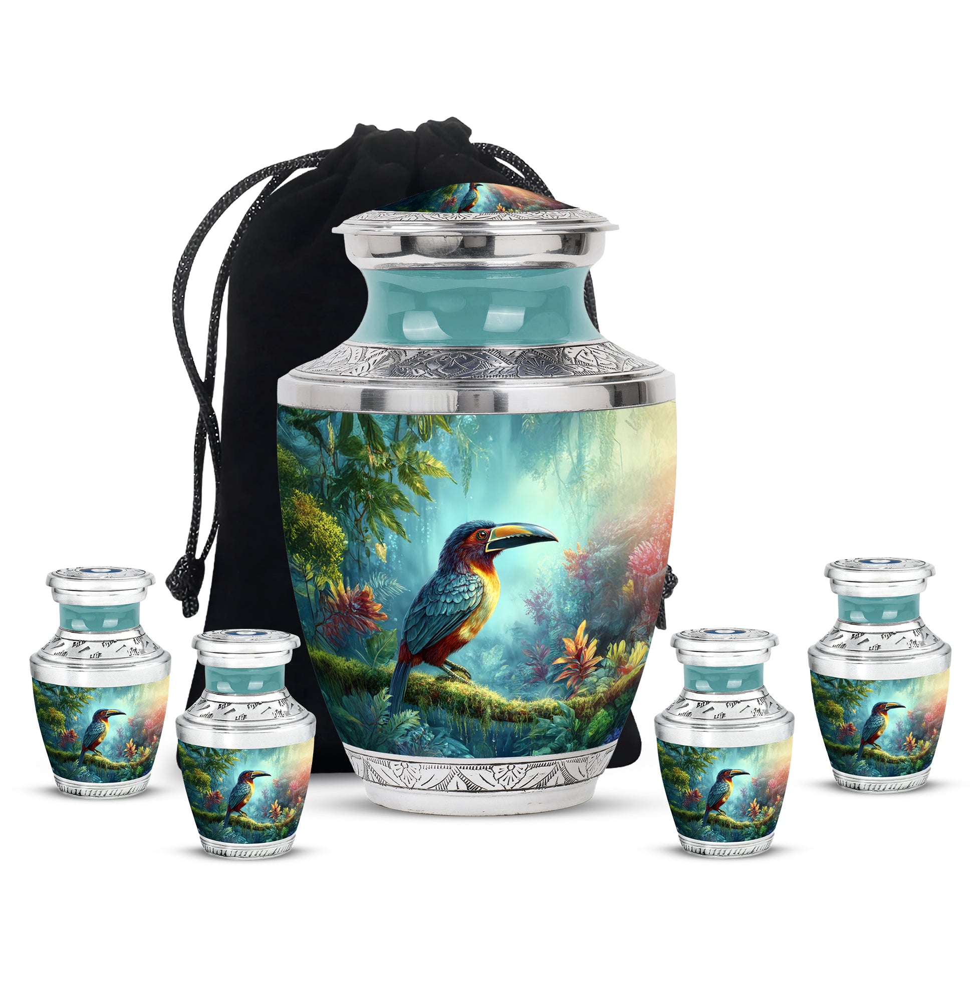 Tropical Teal Hornbill Cremation Urn lifestyle display on memorial shelf - stylized abstract hornbill pattern with bold lines - memorial set with one large and four small urns