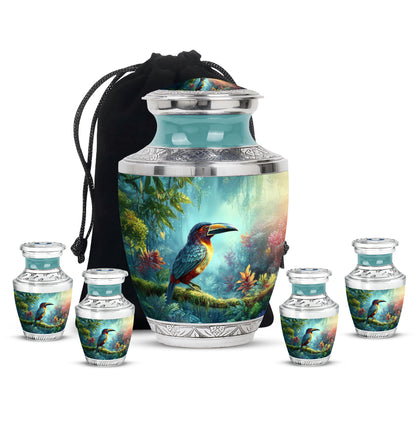 Tropical Teal Hornbill Cremation Urn lifestyle display on memorial shelf - stylized abstract hornbill pattern with bold lines - memorial set with one large and four small urns