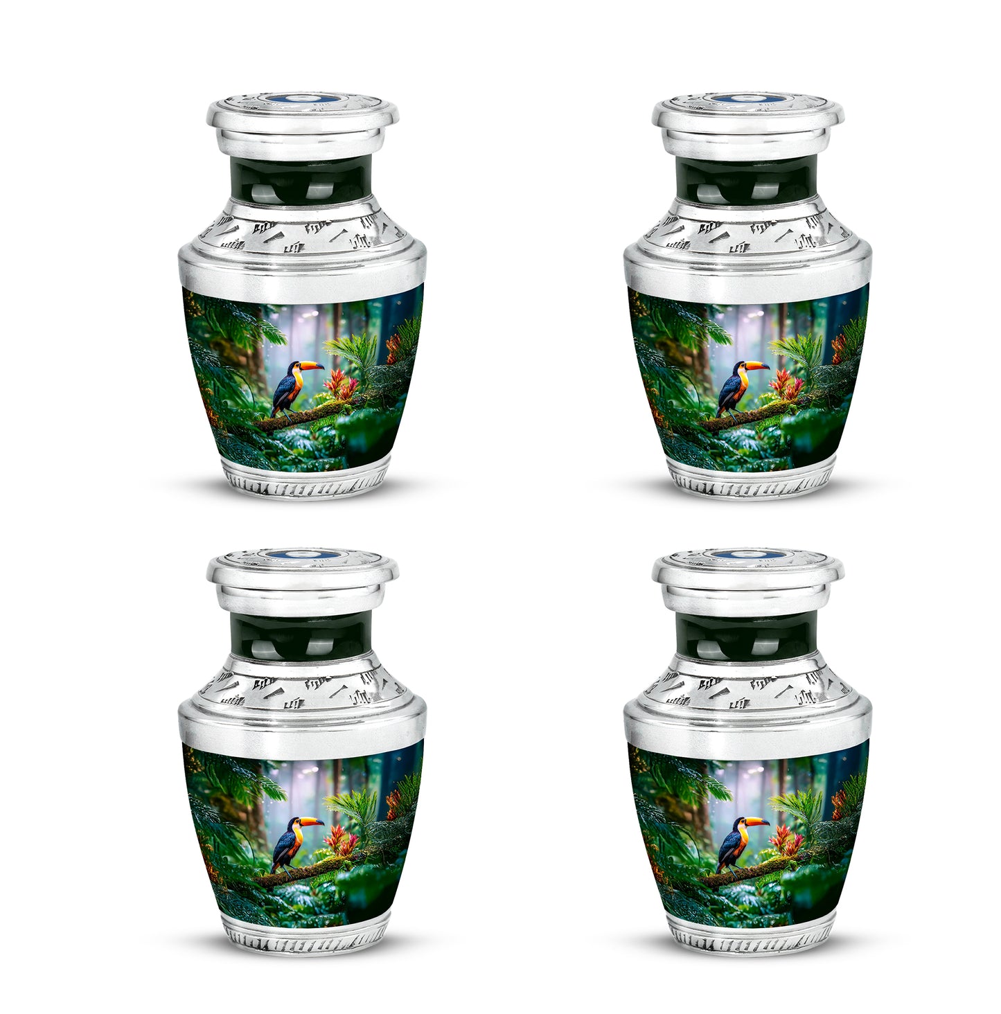 Forest Green Hornbill Cremation Urn back view with polished surface - stylized abstract hornbill pattern with bold lines - 10 inch aluminum urn for cremated remains