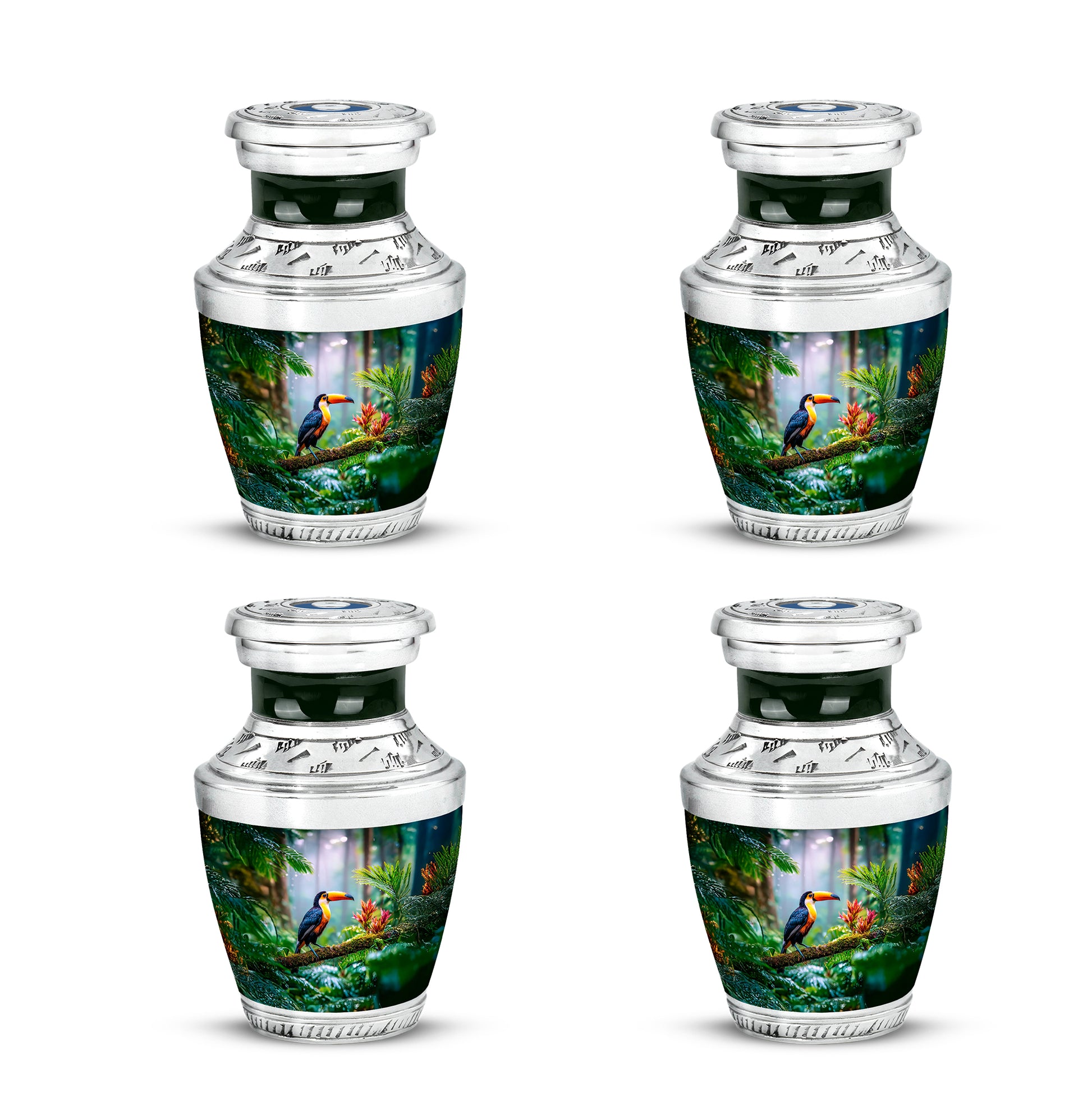 Forest Green Hornbill Cremation Urn back view with polished surface - stylized abstract hornbill pattern with bold lines - 10 inch aluminum urn for cremated remains