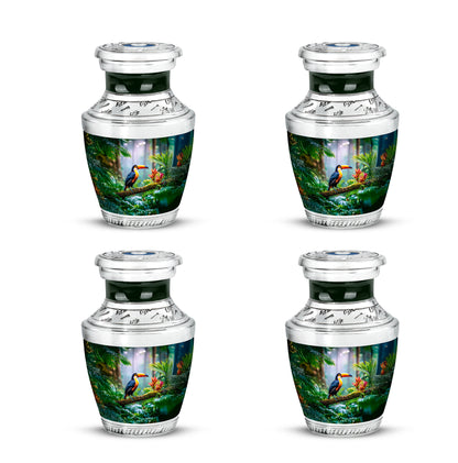 Forest Green Hornbill Cremation Urn back view with polished surface - stylized abstract hornbill pattern with bold lines - 10 inch aluminum urn for cremated remains