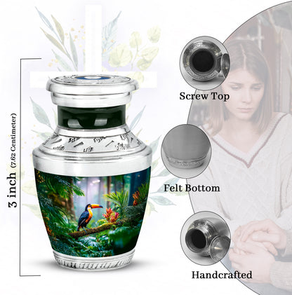 Pine Green Hornbill Cremation Urn top-down view of secure threaded lid - stylized abstract hornbill pattern with bold lines - mini keepsake memorial for portion of cremation ashes