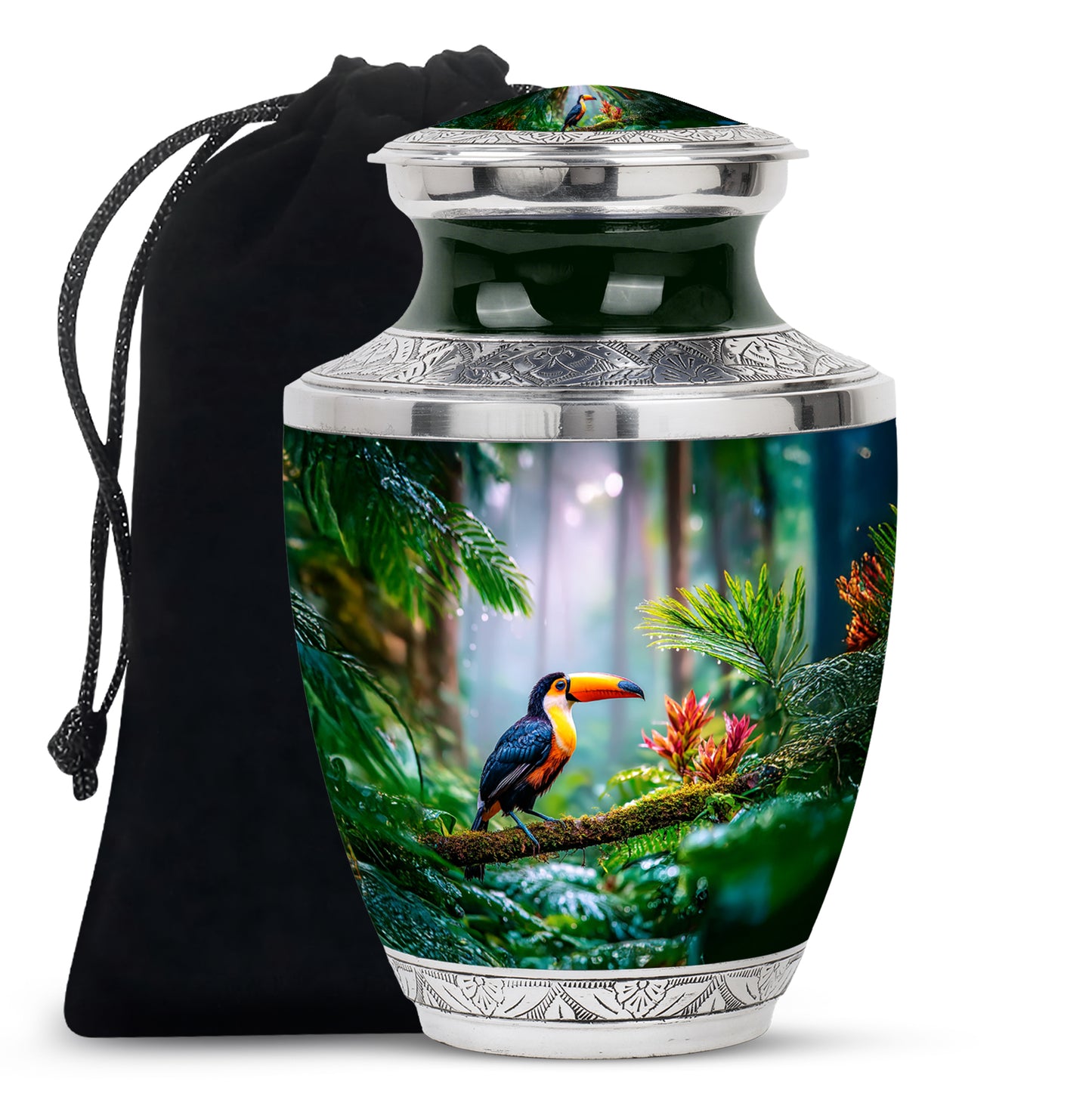 Pine Green Hornbill Cremation Urn side profile showing urn shape - stylized abstract hornbill pattern with bold lines - full-size 10 inch 200 cubic inch adult cremation urn