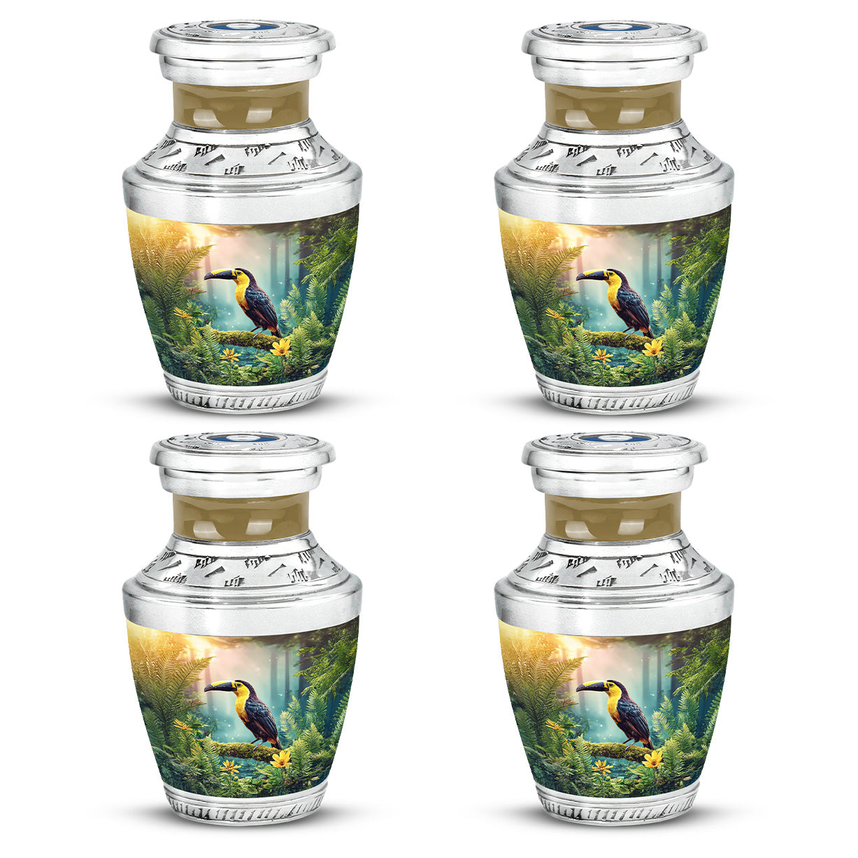Gilded Gold Hornbill Cremation Urn back view with polished surface - contemporary hornbill design with modern artistic flair - 10 inch aluminum urn for cremated remains