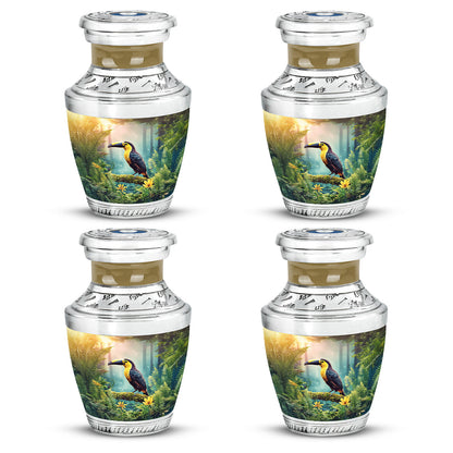 Gilded Gold Hornbill Cremation Urn back view with polished surface - contemporary hornbill design with modern artistic flair - 10 inch aluminum urn for cremated remains