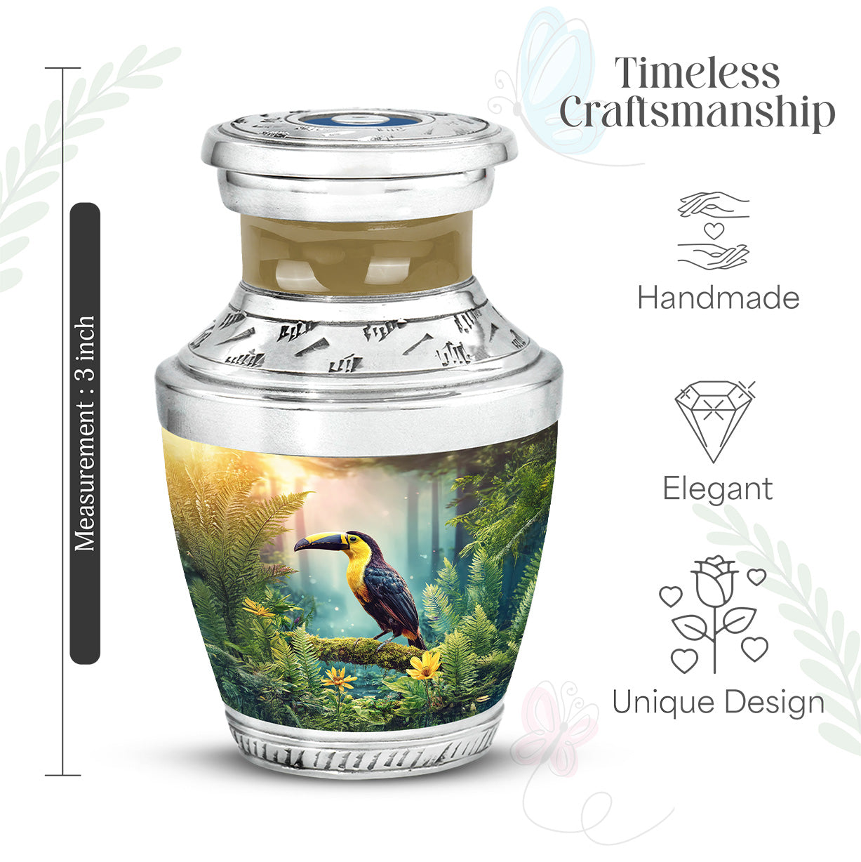 Matte Gold Hornbill Cremation Urn top-down view of secure threaded lid - artistic hornbill interpretation with creative detail - mini keepsake memorial for portion of cremation ashes