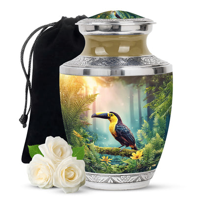 Antique Gold Hornbill Cremation Urn side profile showing urn shape - modern art-inspired hornbill motif on sleek aluminum - full-size 10 inch 200 cubic inch adult cremation urn
