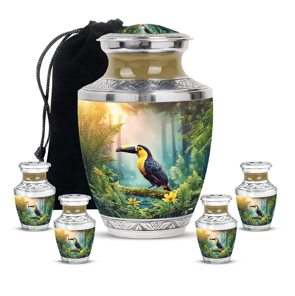 Champagne Gold Hornbill Cremation Urn lifestyle display on memorial shelf - contemporary hornbill design with modern artistic flair - memorial set with one large and four small urns