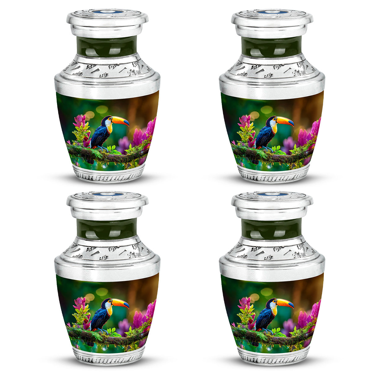 Lemon Yellow Hornbill Cremation Urn back view with polished surface - stylized abstract hornbill pattern with bold lines - 10 inch aluminum urn for cremated remains