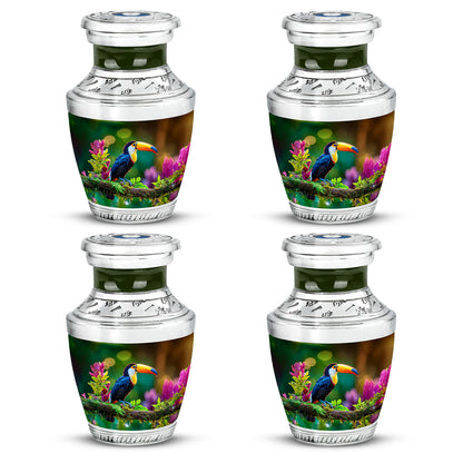 Lemon Yellow Hornbill Cremation Urn back view with polished surface - stylized abstract hornbill pattern with bold lines - 10 inch aluminum urn for cremated remains