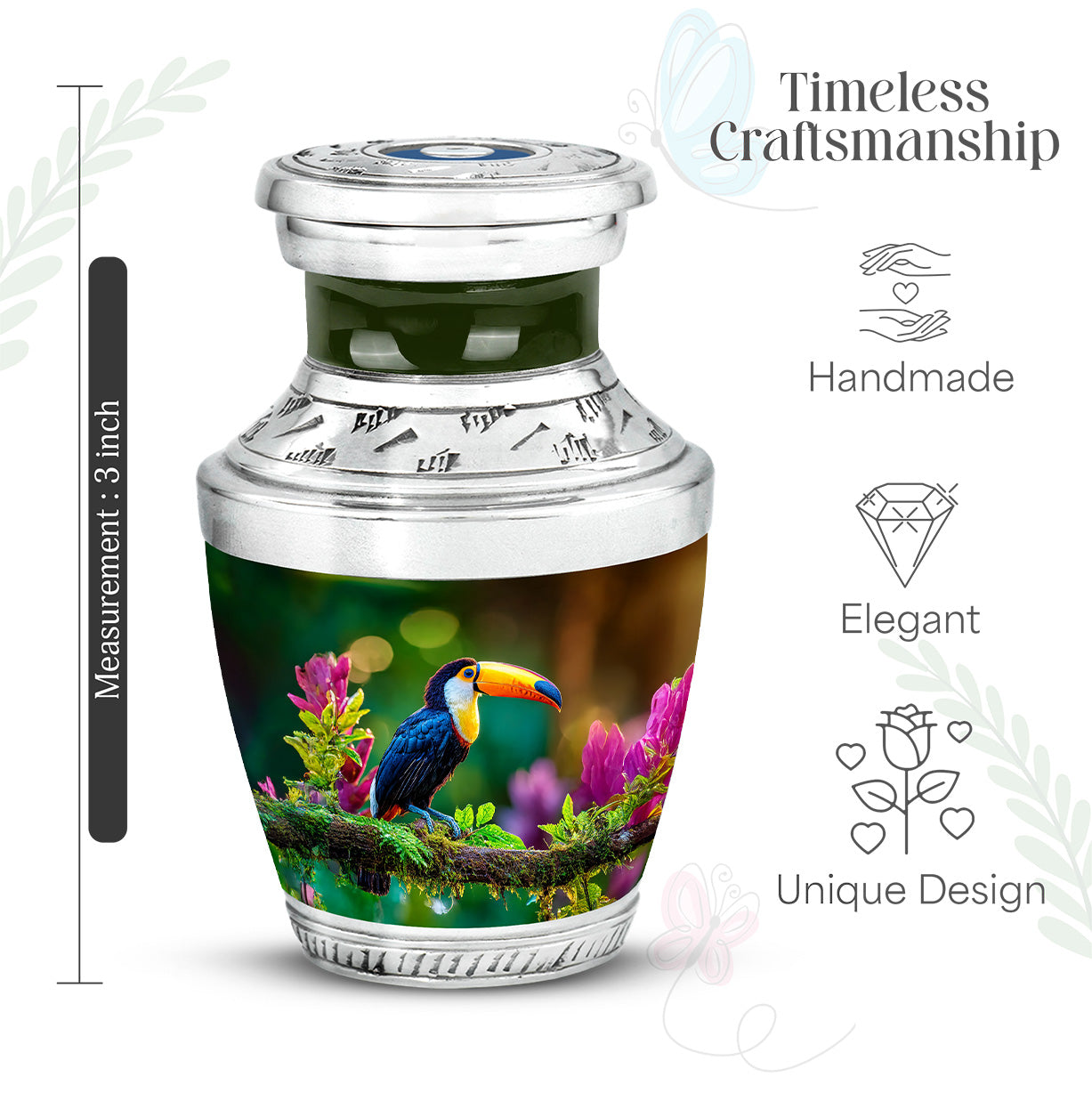 Honey Yellow Hornbill Cremation Urn top-down view of secure threaded lid - stylized abstract hornbill pattern with bold lines - mini keepsake memorial for portion of cremation ashes
