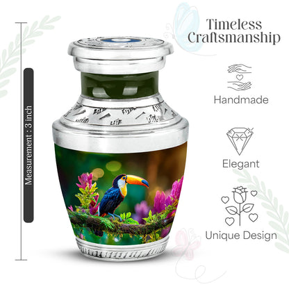 Honey Yellow Hornbill Cremation Urn top-down view of secure threaded lid - stylized abstract hornbill pattern with bold lines - mini keepsake memorial for portion of cremation ashes