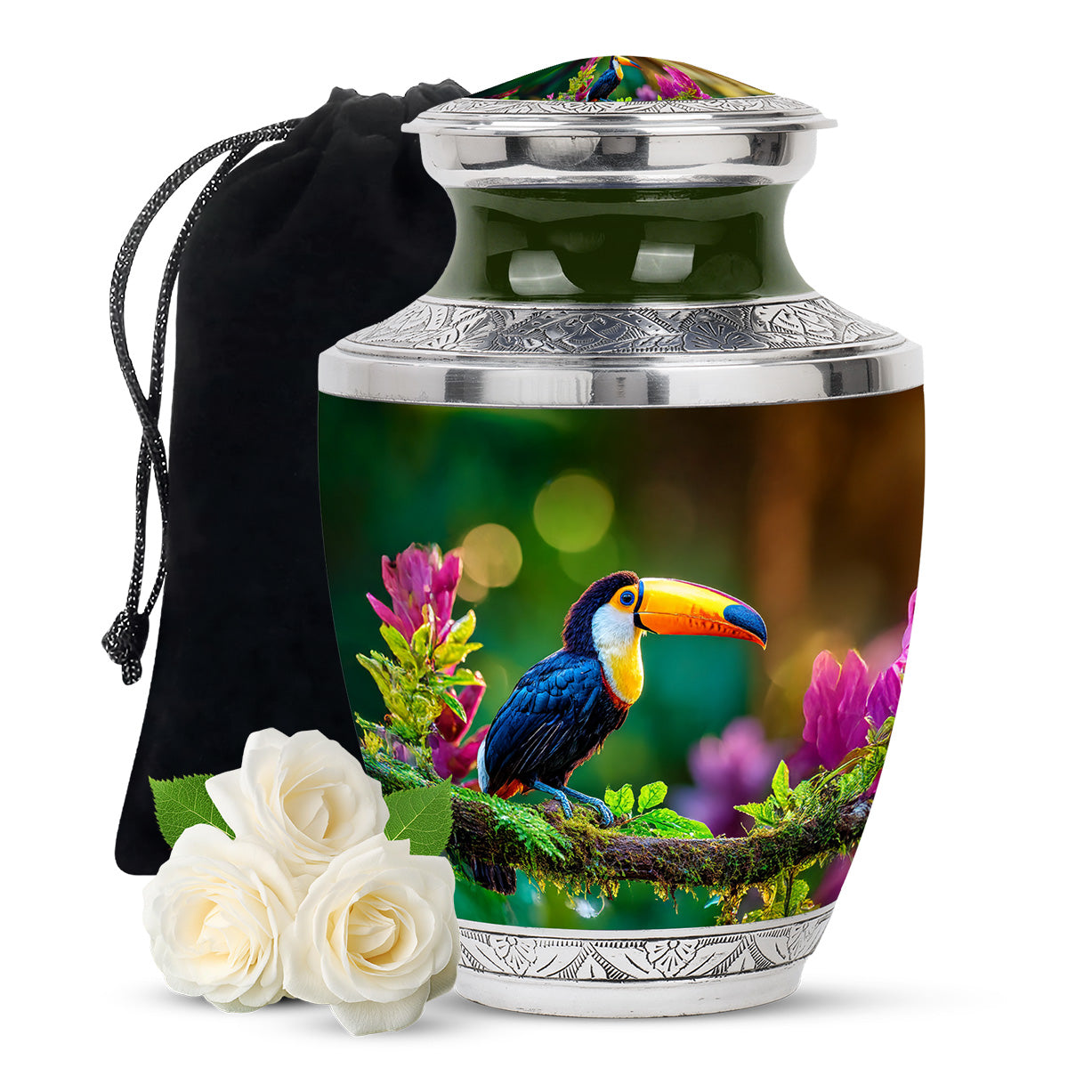 Golden Yellow Hornbill Cremation Urn side profile showing urn shape - modern art-inspired hornbill motif on sleek aluminum - full-size 10 inch 200 cubic inch adult cremation urn