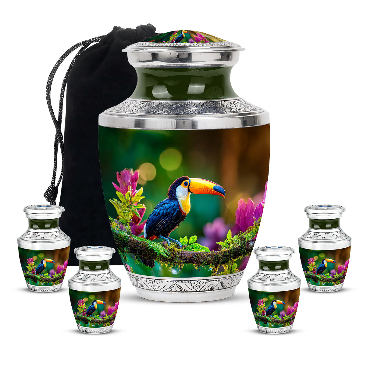 Soft Yellow Hornbill Cremation Urn lifestyle display on memorial shelf - artistic hornbill interpretation with creative detail - memorial set with one large and four small urns