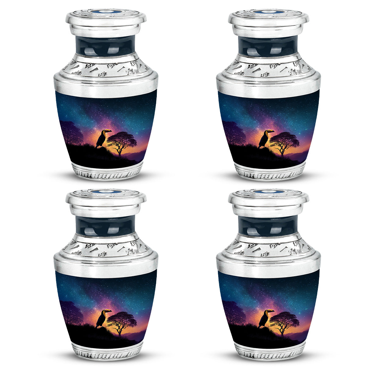 Icy Blue Hornbill Cremation Urn back view with polished surface - contemporary hornbill design with modern artistic flair - 10 inch aluminum urn for cremated remains