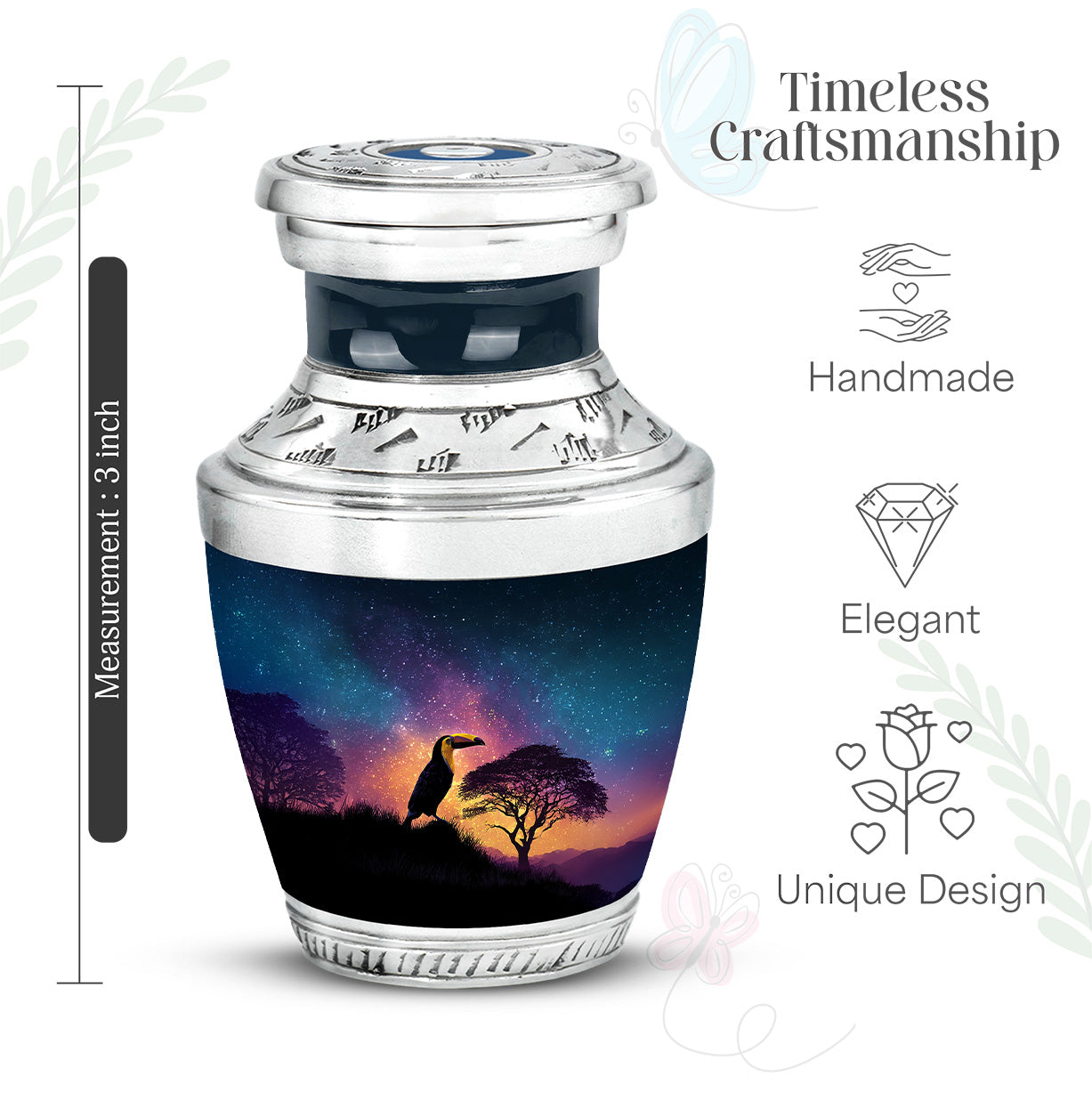Vivid Blue Hornbill Cremation Urn top-down view of secure threaded lid - stylized abstract hornbill pattern with bold lines - mini keepsake memorial for portion of cremation ashes