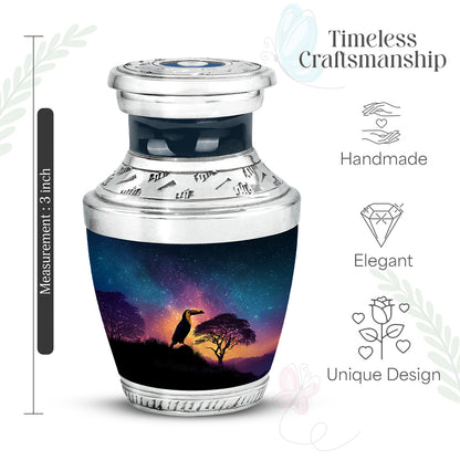 Vivid Blue Hornbill Cremation Urn top-down view of secure threaded lid - stylized abstract hornbill pattern with bold lines - mini keepsake memorial for portion of cremation ashes