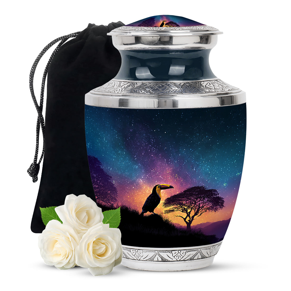 Bright Blue Hornbill Cremation Urn side profile showing urn shape - artistic hornbill interpretation with creative detail - full-size 10 inch 200 cubic inch adult cremation urn