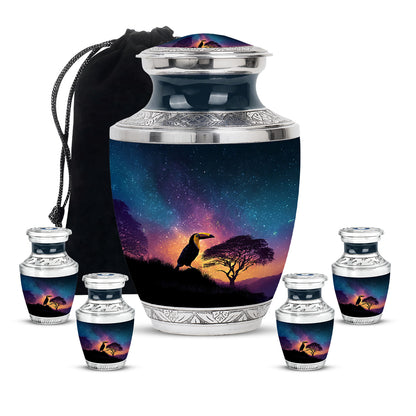 Sky Blue Hornbill Cremation Urn lifestyle display on memorial shelf - modern art-inspired hornbill motif on sleek aluminum - memorial set with one large and four small urns