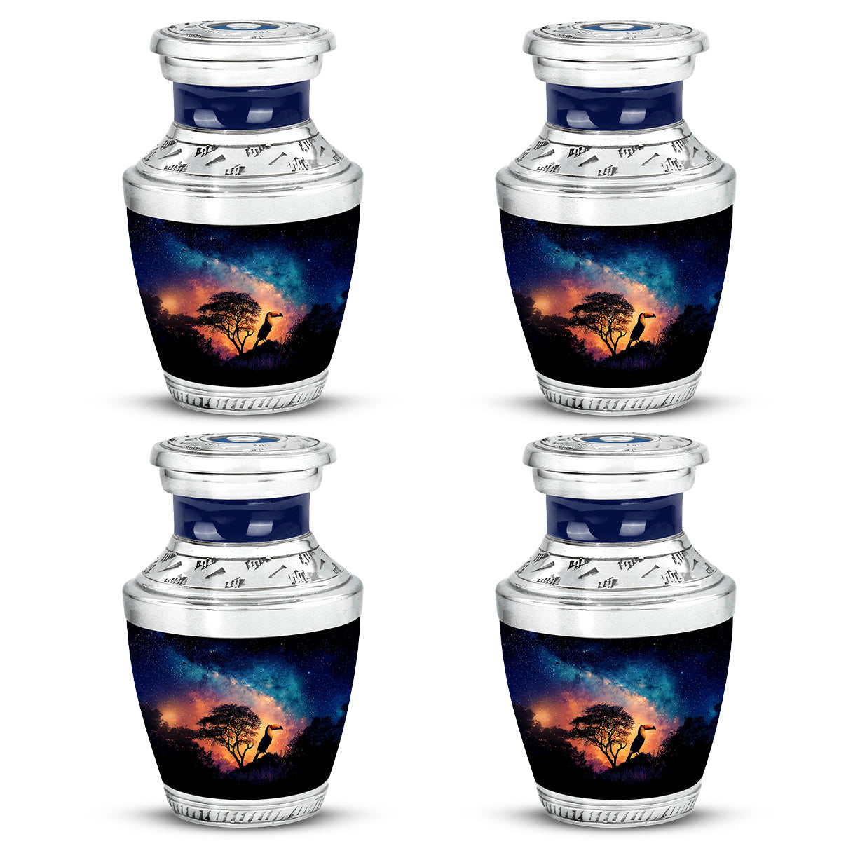 Sapphire Blue Hornbill Cremation Urn back view with polished surface - stylized abstract hornbill pattern with bold lines - 10 inch aluminum urn for cremated remains