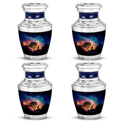 Sapphire Blue Hornbill Cremation Urn back view with polished surface - stylized abstract hornbill pattern with bold lines - 10 inch aluminum urn for cremated remains