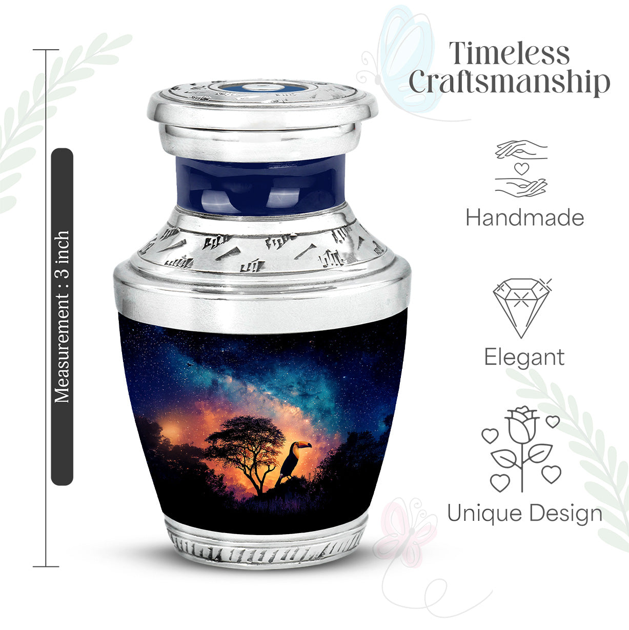 Navy Blue Hornbill Cremation Urn top-down view of secure threaded lid - modern art-inspired hornbill motif on sleek aluminum - mini keepsake memorial for portion of cremation ashes
