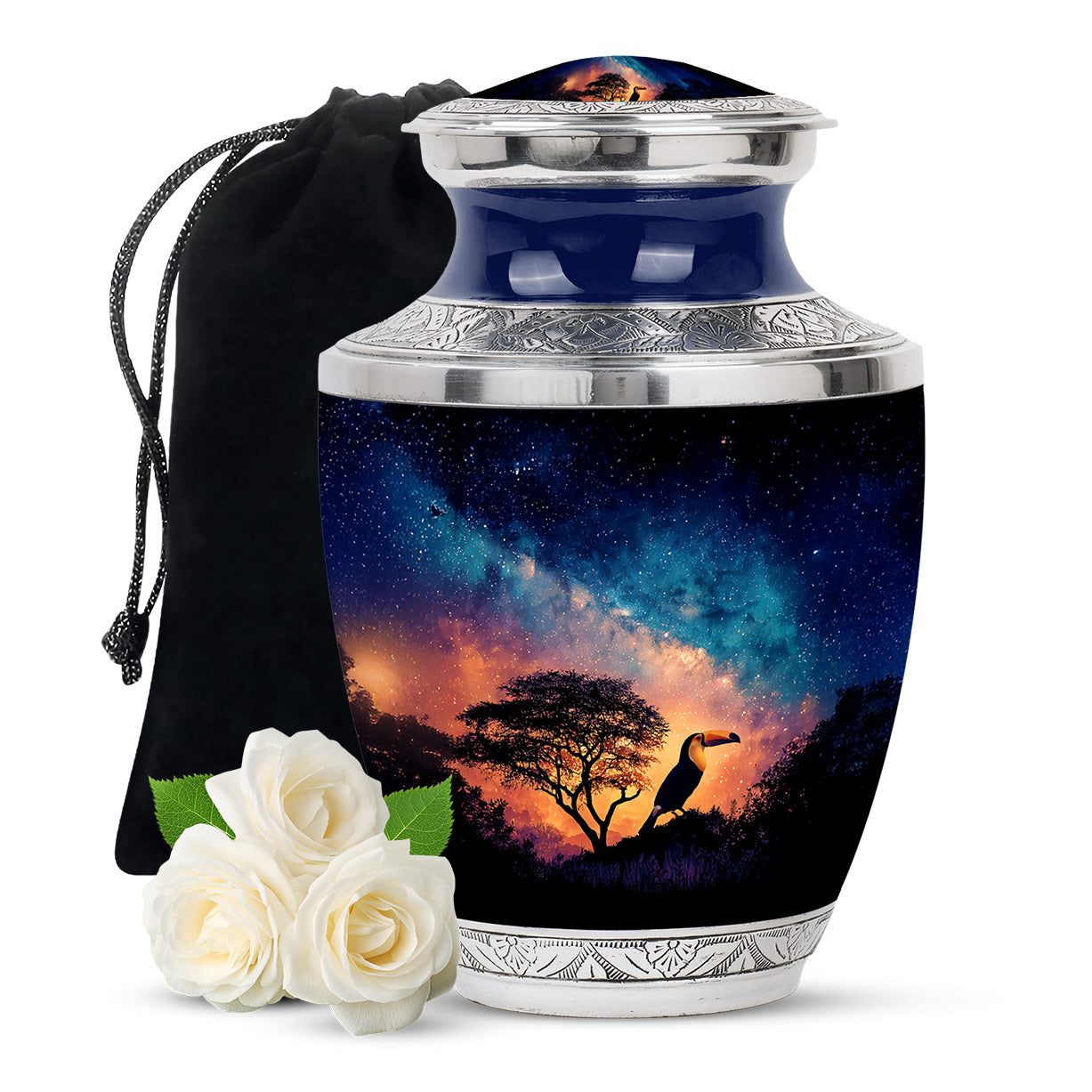 Sapphire Blue Hornbill Cremation Urn side profile showing urn shape - stylized abstract hornbill pattern with bold lines - full-size 10 inch 200 cubic inch adult cremation urn