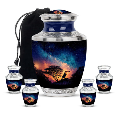 Navy Blue Hornbill Cremation Urn lifestyle display on memorial shelf - modern art-inspired hornbill motif on sleek aluminum - memorial set with one large and four small urns