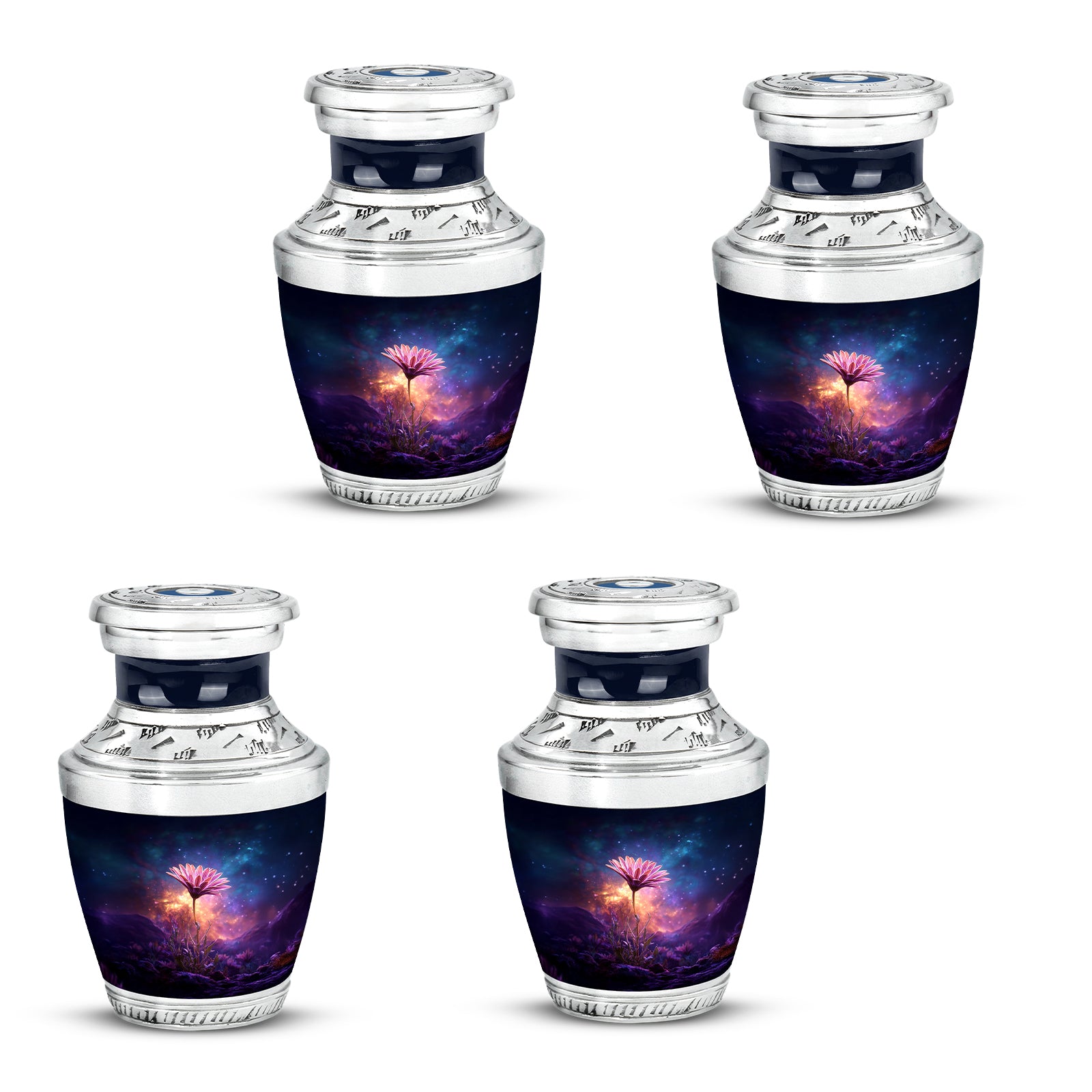 Cornflower Blue Daisy Cremation Urn back view with polished surface - stylized abstract daisy pattern with bold lines - 10 inch aluminum urn for cremated remains