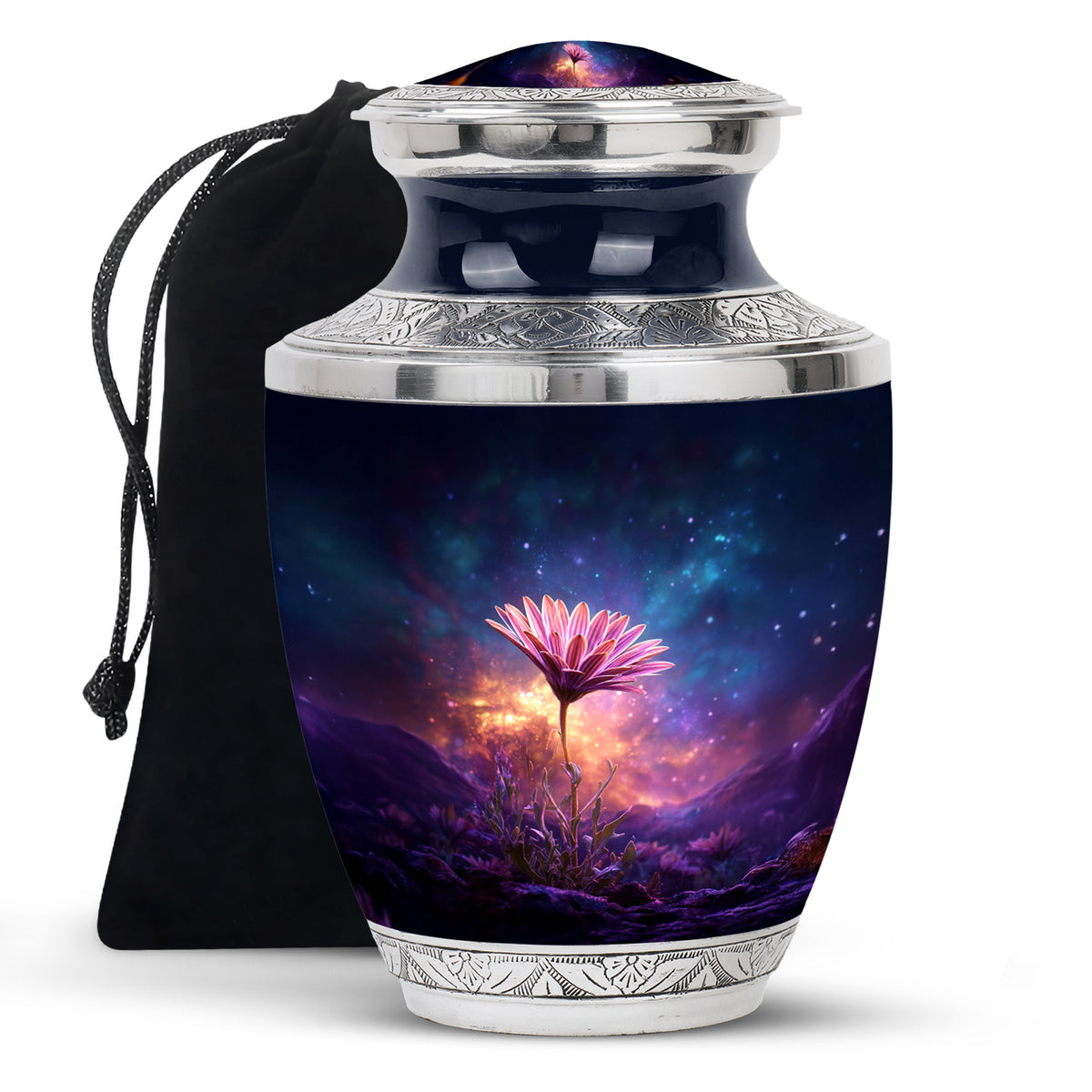 Celestial Blue Daisy Cremation Urn side profile showing urn shape - modern art-inspired daisy motif on sleek aluminum - full-size 10 inch 200 cubic inch adult cremation urn