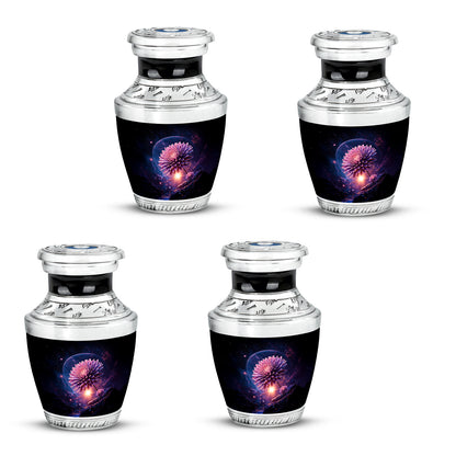 Ebony Daisy Cremation Urn back view with polished surface - contemporary daisy design with modern artistic flair - 10 inch aluminum urn for cremated remains