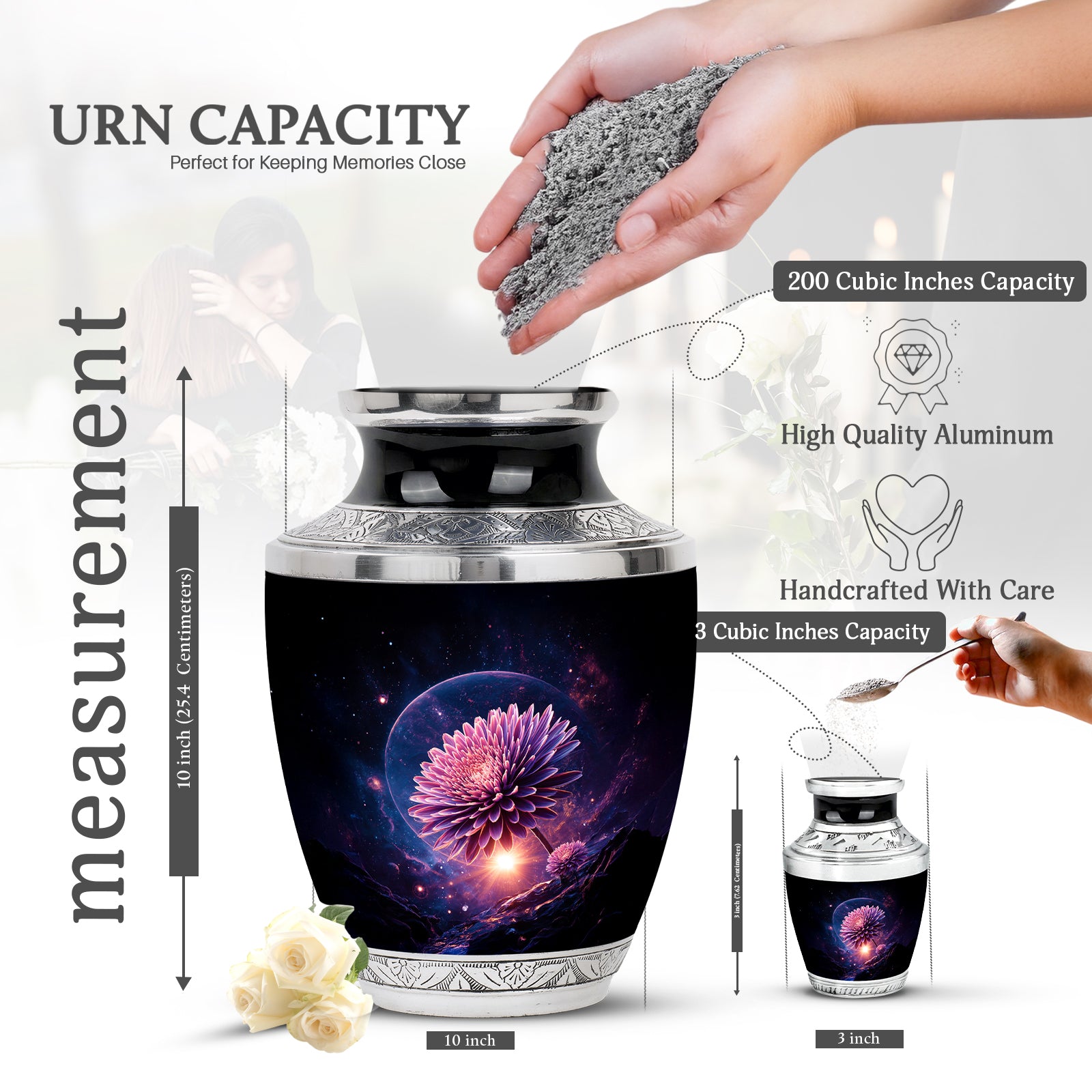 Dark Black Daisy Cremation Urn top-down view of secure threaded lid - artistic daisy interpretation with creative detail - mini keepsake memorial for portion of cremation ashes