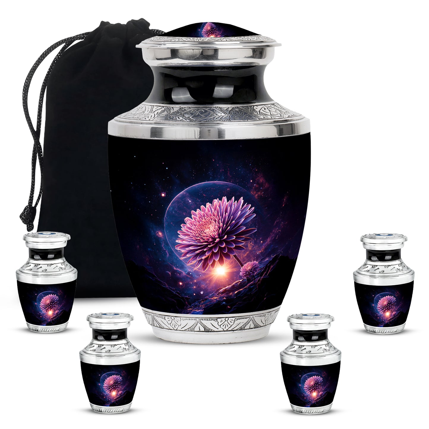 Charcoal Black Daisy Cremation Urn lifestyle display on memorial shelf - artistic daisy interpretation with creative detail - memorial set with one large and four small urns