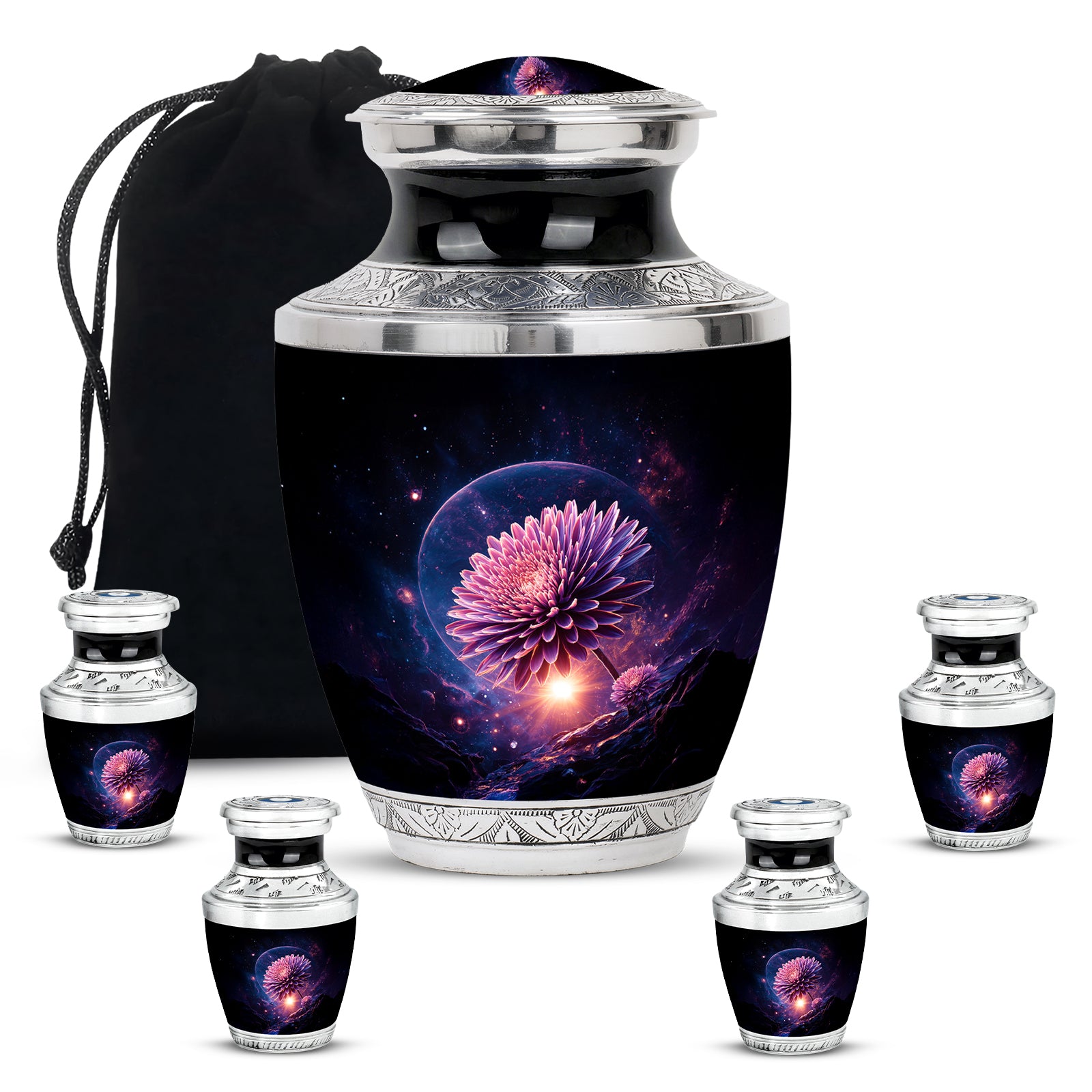 Charcoal Black Daisy Cremation Urn lifestyle display on memorial shelf - artistic daisy interpretation with creative detail - memorial set with one large and four small urns