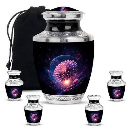 Charcoal Black Daisy Cremation Urn lifestyle display on memorial shelf - artistic daisy interpretation with creative detail - memorial set with one large and four small urns