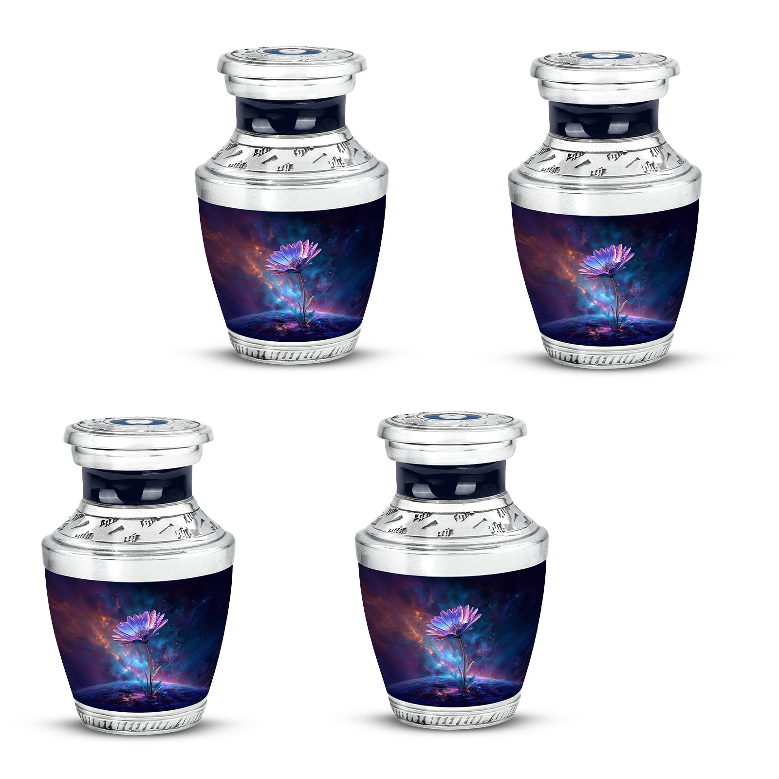 Navy Blue Daisy Cremation Urn back view with polished surface - contemporary daisy design with modern artistic flair - 10 inch aluminum urn for cremated remains