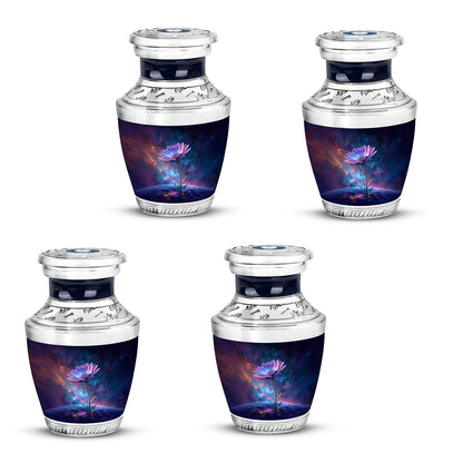 Navy Blue Daisy Cremation Urn back view with polished surface - contemporary daisy design with modern artistic flair - 10 inch aluminum urn for cremated remains