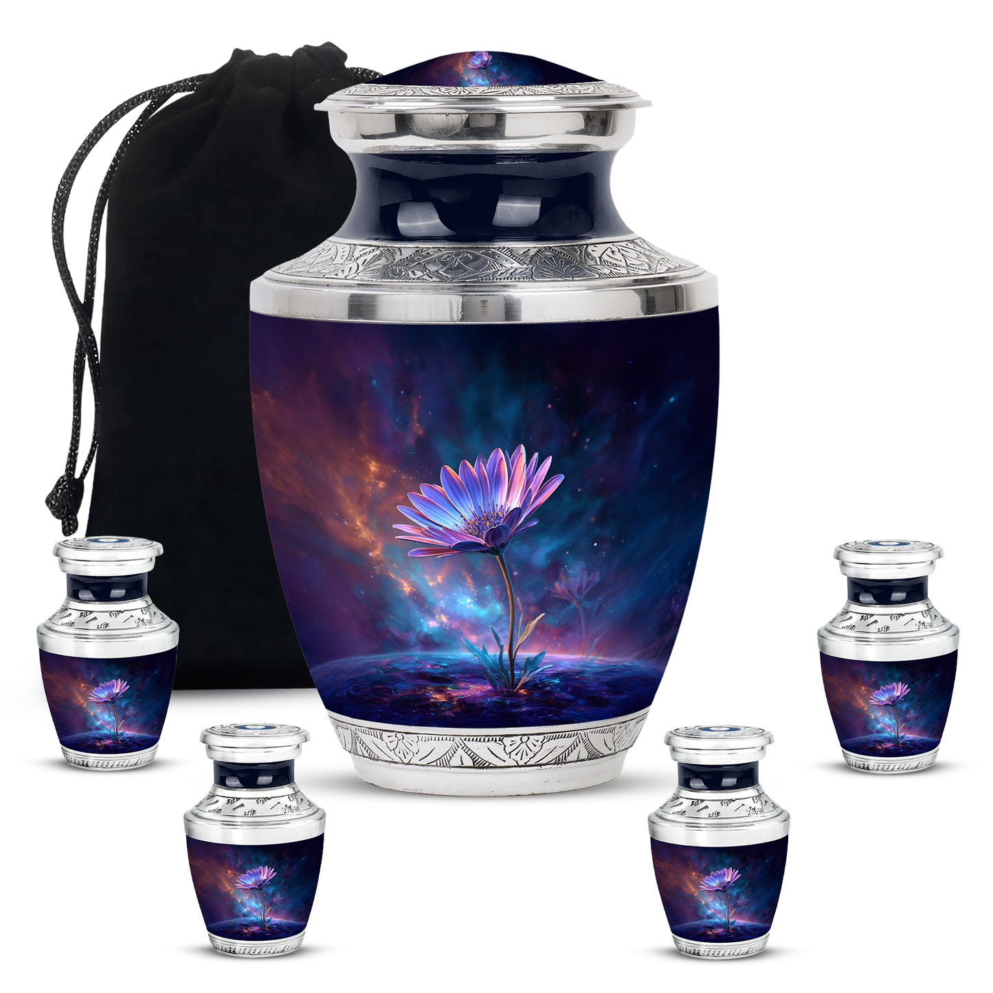 Calming Blue Daisy Cremation Urn lifestyle display on memorial shelf - artistic daisy interpretation with creative detail - memorial set with one large and four small urns
